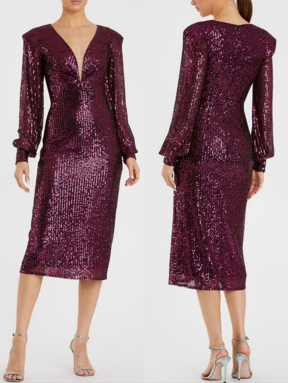 Ieena Mac Duggal 26866 Black Magenta Sequin V-Neck Long Sleeve Midi Dress 8 NWT